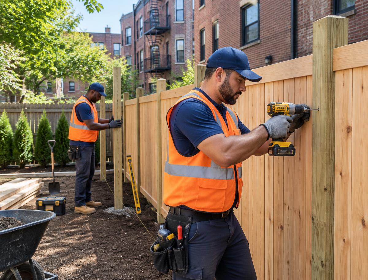 Fence installers building a wooden privacy fence